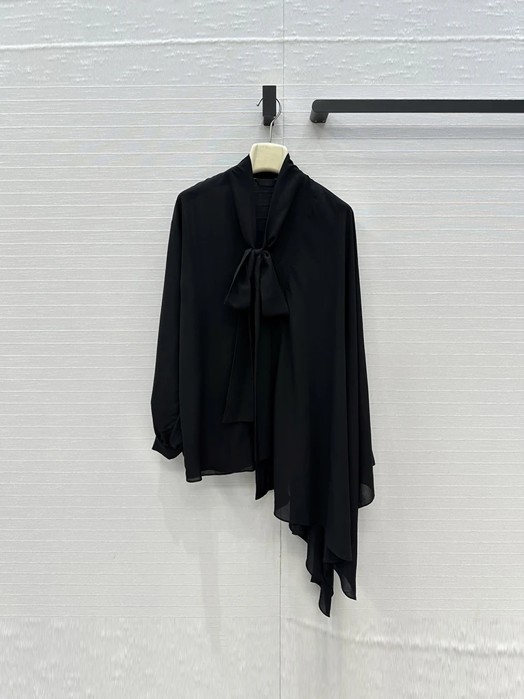 

Spenneooy Spring Summer Fashion Black Color Asymmetrical Blouses Women's Solid Color Bow Tie Long Sleeve Single Breasted Shirt