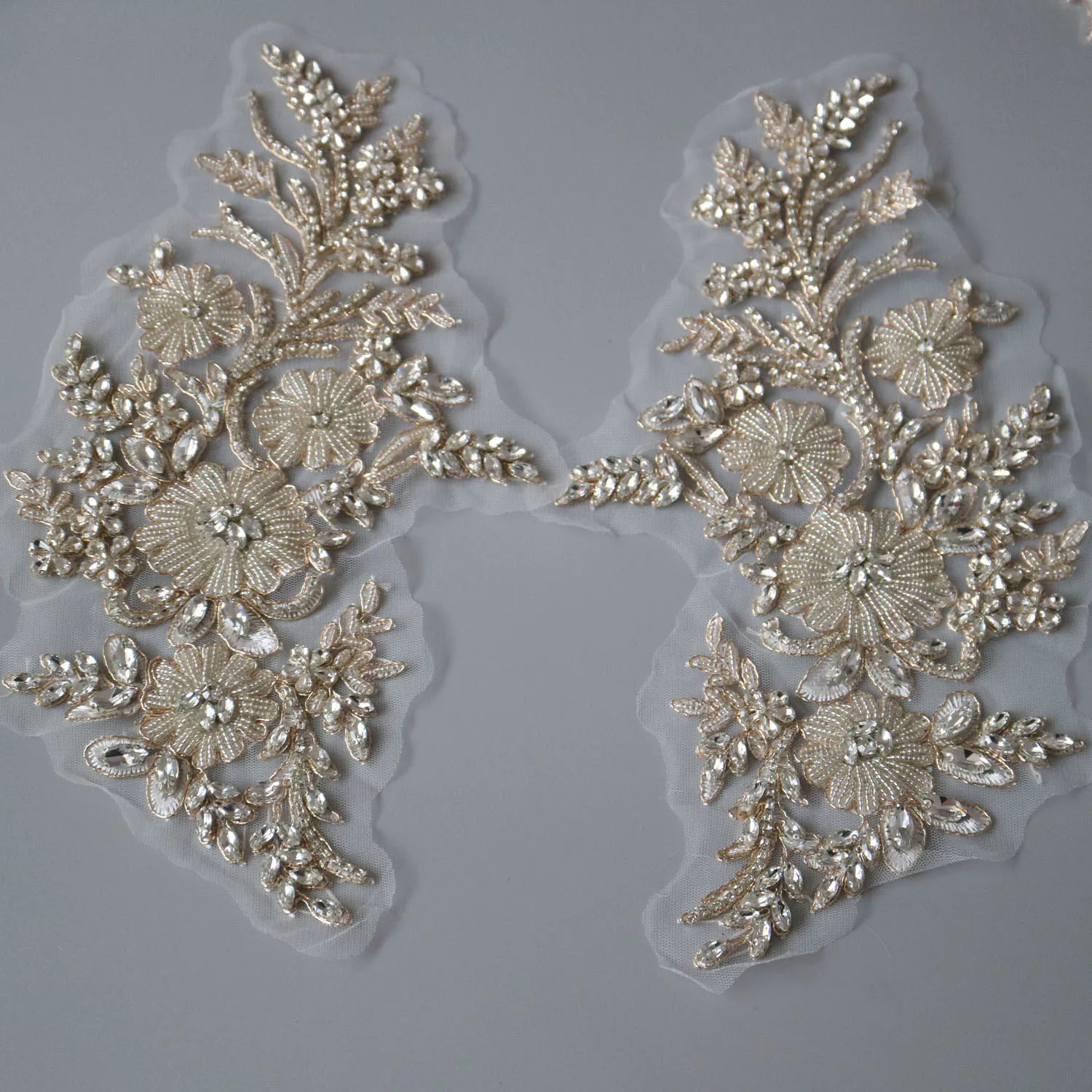 2pc/pair Luxury glass rhinestone beaded patches for clothes DIY sew on flower appliques  wedding dresses embroiderd