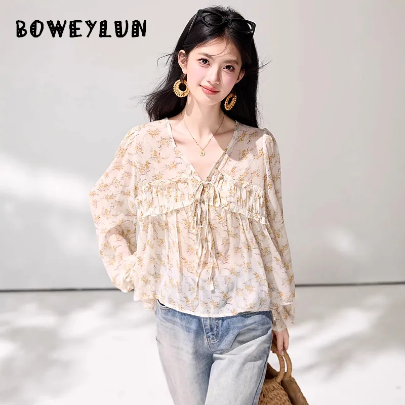 

BOWEYLUN Women's Spring French Style Floral Chiffon Shirt Lace-up Pleated V-neck Long Sleeve Blouse Women