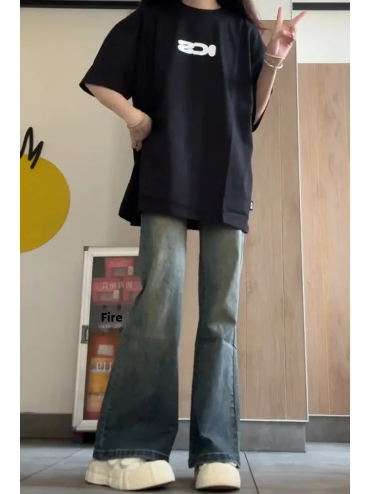 

American Retro Hot Girl Flared Jeans Women Summer 2025 New High Waist Slimming Small Size Wide Leg Hoof Pants