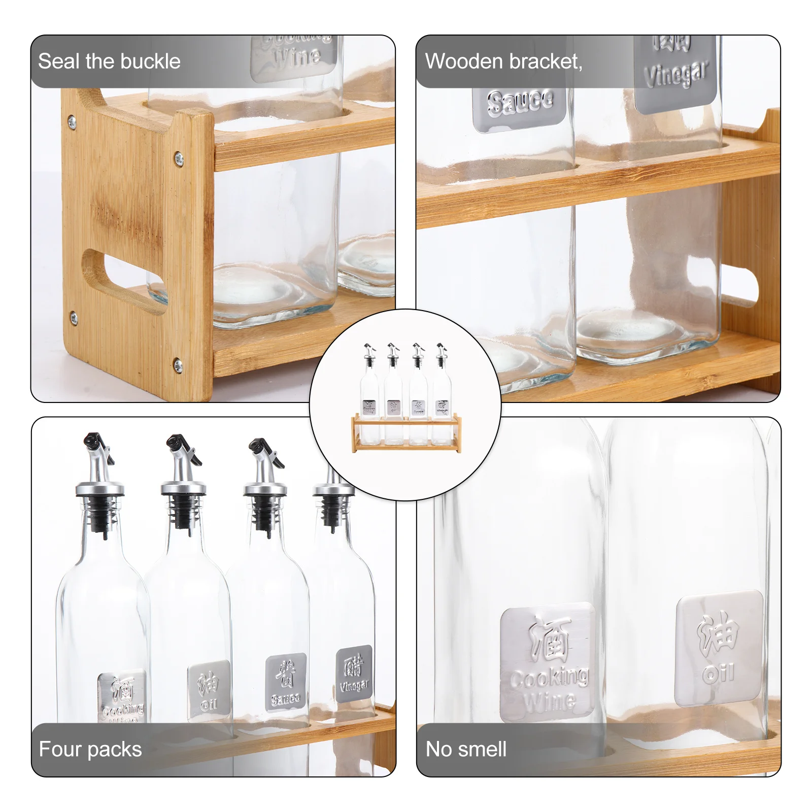 

5Pcs Spice Storage Container Wooden Rack Thick Glass Bottle Kitchen Tidy Sauce Vinegar Oil Soy Seasoning Holder
