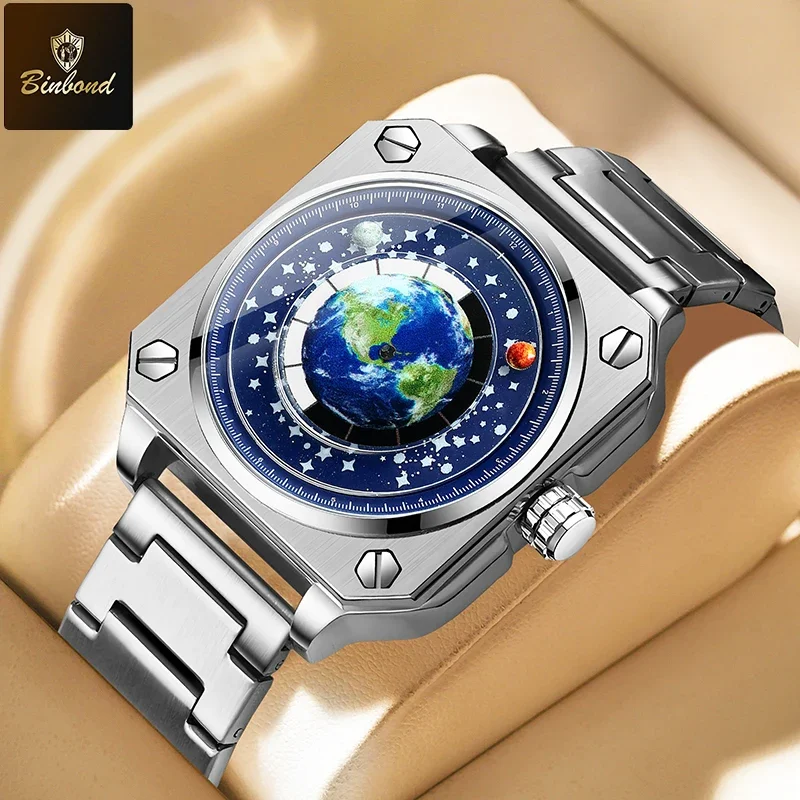 BINBOND Fashion Men Quartz Watch Rotating Earth Dial Of Creative Wormhole Blue Planet Pointer Steel Band Waterproof Men Watch