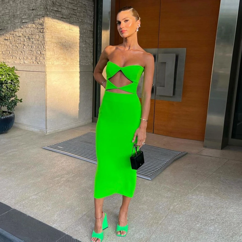 

Strapless Midi Length Green Satin Dress Hollowout Bodycon Prom Dresses Open Back Party Gown With Zipper Custom Made Bright