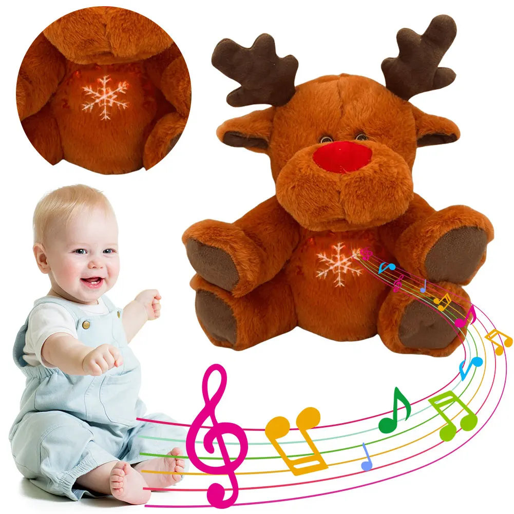 Christmas Elk Plush Stuffed Animal with Music Lights Rhythmic Breathing Motion Baby Sound Machine Musical Baby Toy for Newborns