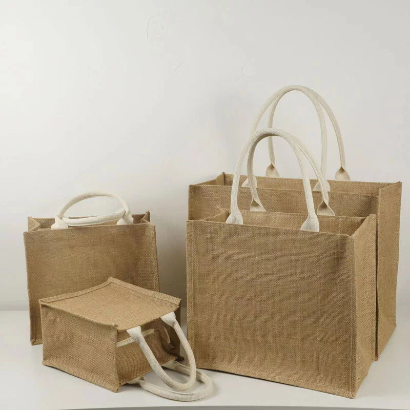 Beige Retro Knitted Long Tea Table Linen Portable Burlap Jute Shopping Handbag Bamboo Loop Handle Tote Women Big Size Beach Bag