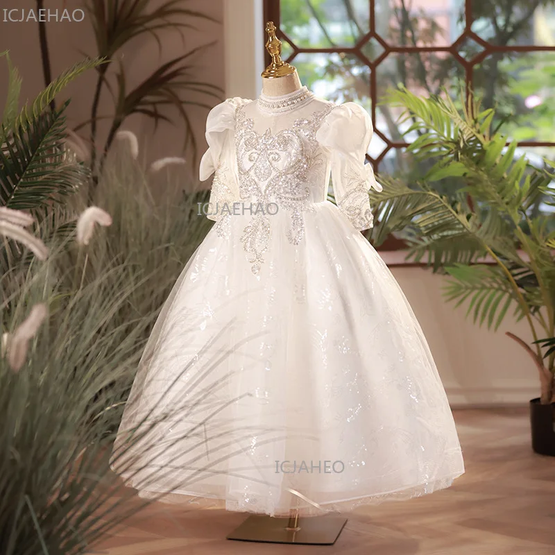 

White Children Girls Long Sleeve Elegant New Flower Kids Year Host Performance Formal Gown Girl Wedding Puffy Princess Dress