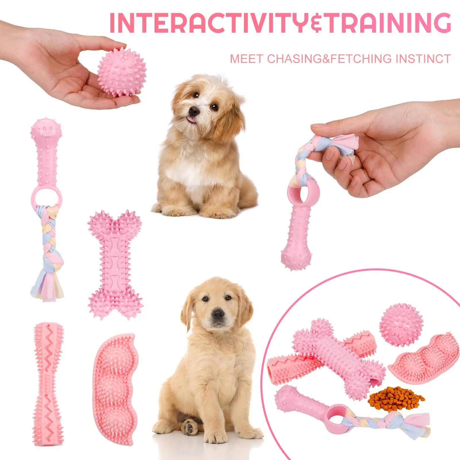 5-piece set of small dog teeth grinding toys, soft rubber cute pink dog toys, teeth cleaning toys, soft rubber rope dog toys