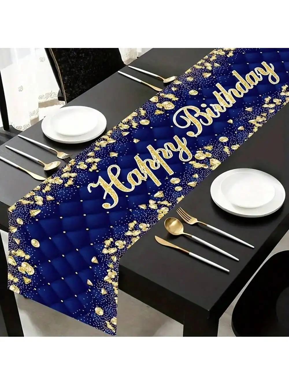 

Black Blue Happy Birthday Table Runner Table Cover Birthday Tablecloth Party Decor For Home