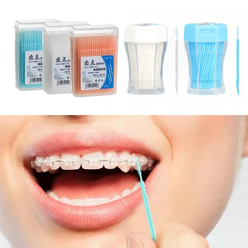 

200pcs/box Soft Plastic Double-head Brushed Toothpick Oral Care 6.2 Cm Hot Sale Interdental Brush Toothbrush for Dentures