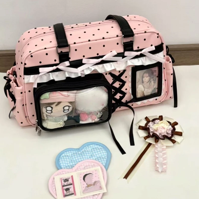 Anime Ita-Tasche mit transparentem Sichtfenster, Schultertasche mit Polka-Dot-Muster, Schleifen- und Spitzenbesatz, süße Lolita-Handtasche für Mädchen – Detail 10