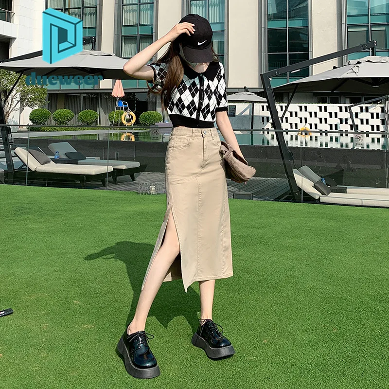 

DUEWEER Vintage Split Long Khaki Denim Skirt Women's Spring High Waist A Line Midi Wrap Skirt Harajuku Style Korean Streetwear