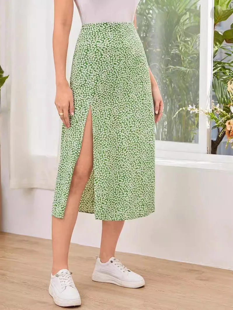 

Юбка-трапеция с высокой талией и цветочным принтом, полиэфирная ткань с боковым разрезом, летняя тонкая юбка, женская модная облегающая юбка