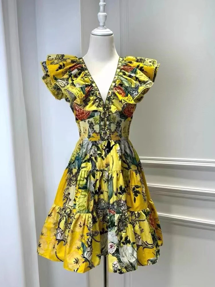 Retro 2024 summer women\'s new V-neck flying sleeve printing holiday wind backless lace-up dress fashion short A-line skirt