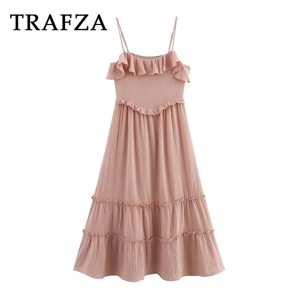 

TRAFZA Chic Pink Beach Holiday Woman Sexy Dress Sexy Tierred Pleated Long Dress Fashion 2025 Elegant Female Camisole Vestidos