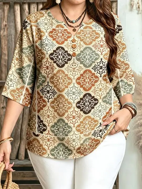 Women 3/4 Sleeve V‑Neck Blouse Button Moroccan Tile Geometric Full Print Loose Casual Ladies Plus Size Tops