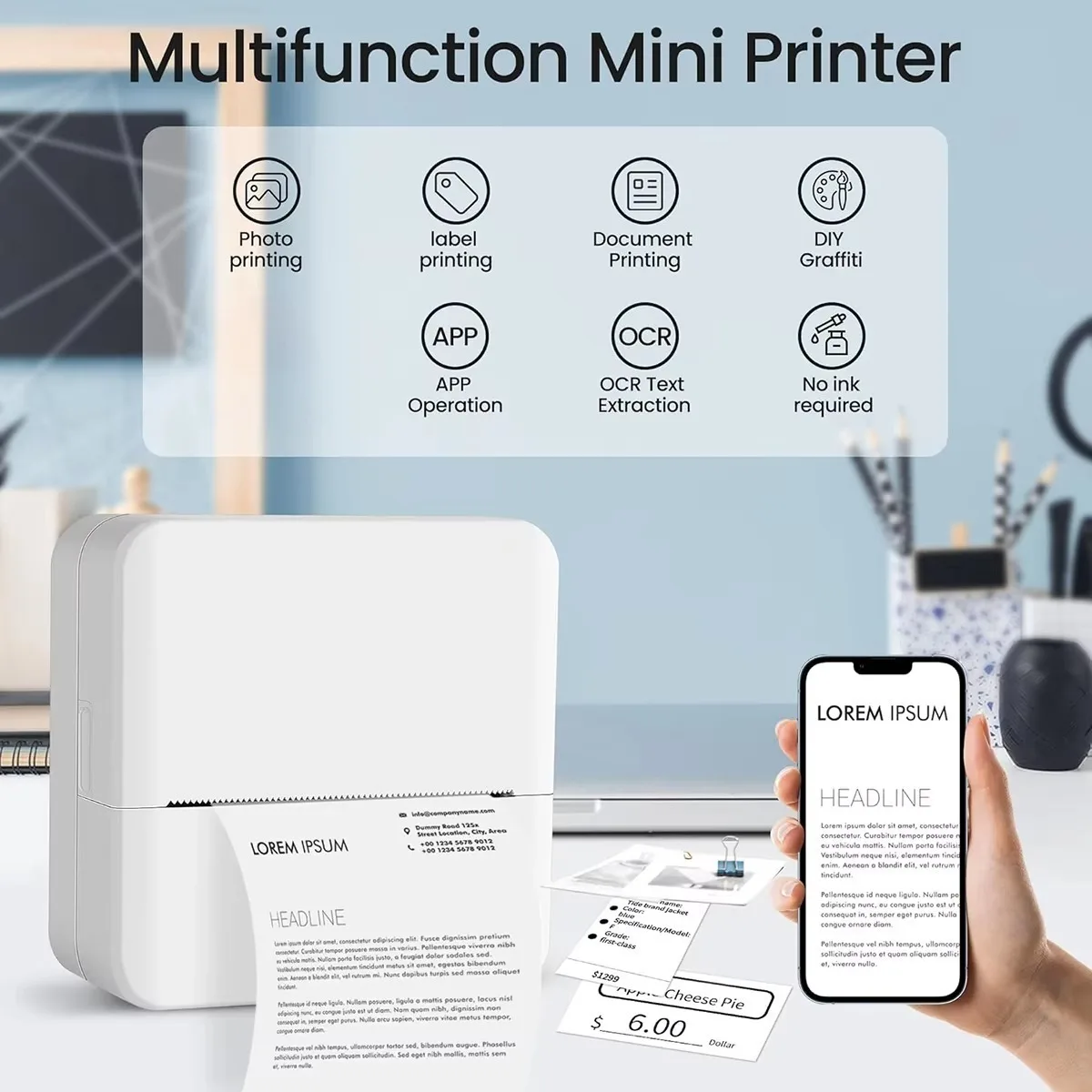 Mini Sticker Printer Bluetooth Smart Pocket Inkless Thermal Printer with Rolls Thermal Paper and Sticker for iOS&Android