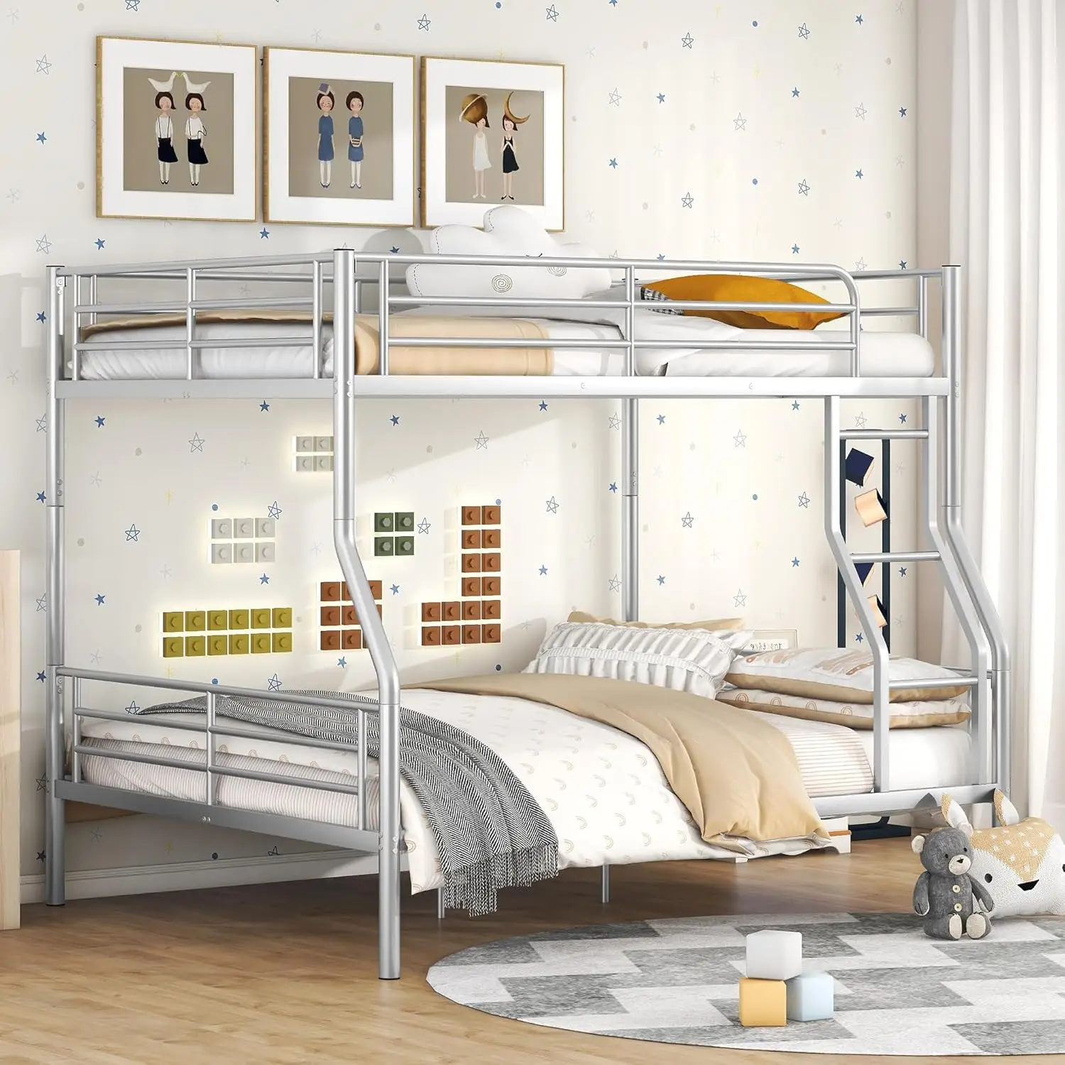 Full Xl Over Queen Metal Bunk Bed, Sliver,Beds, Frames & Bases 83 X 62.6 X 65.3Inch(Lxwxh),103.62Lbs