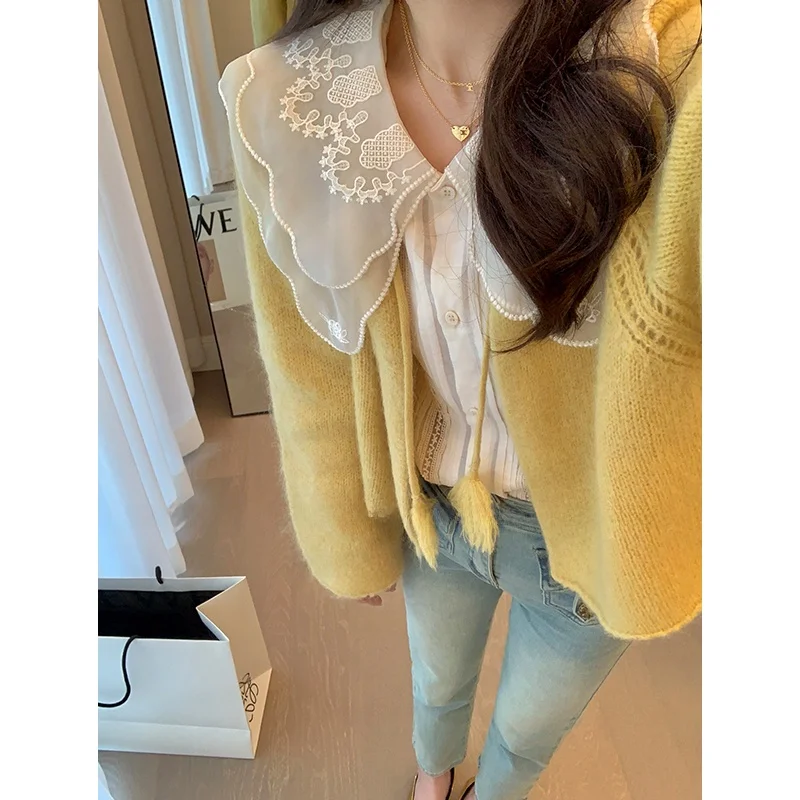 

MUKOK Knitted Woolen Cardigan Women's round Ne Base irt Top Faionable Agel Design Spring Autumn Season Long Sve