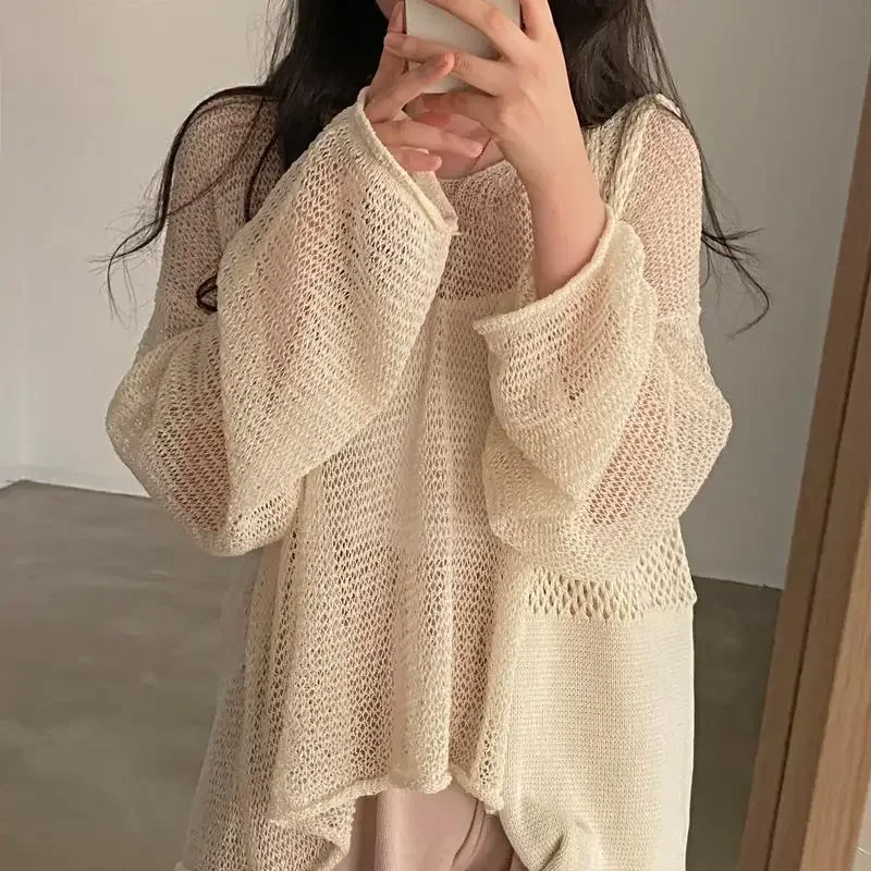 Pull coréen ajouré à manches longues pour femme, haut tricoté avec protection solaire irrégulière, ample, Y2k, été, fin et transparent