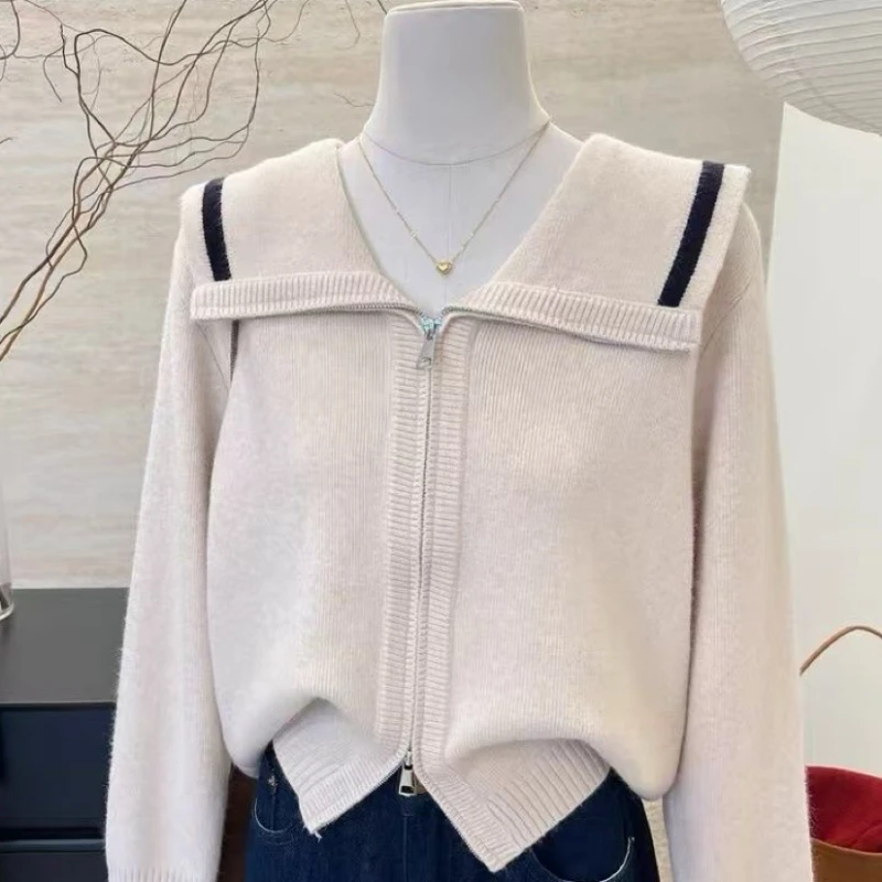 Automne hiver pull court femmes 2025 nouvelle mode ample tricots de couleur Pure fermeture éclair grande taille vêtements d'extérieur femme