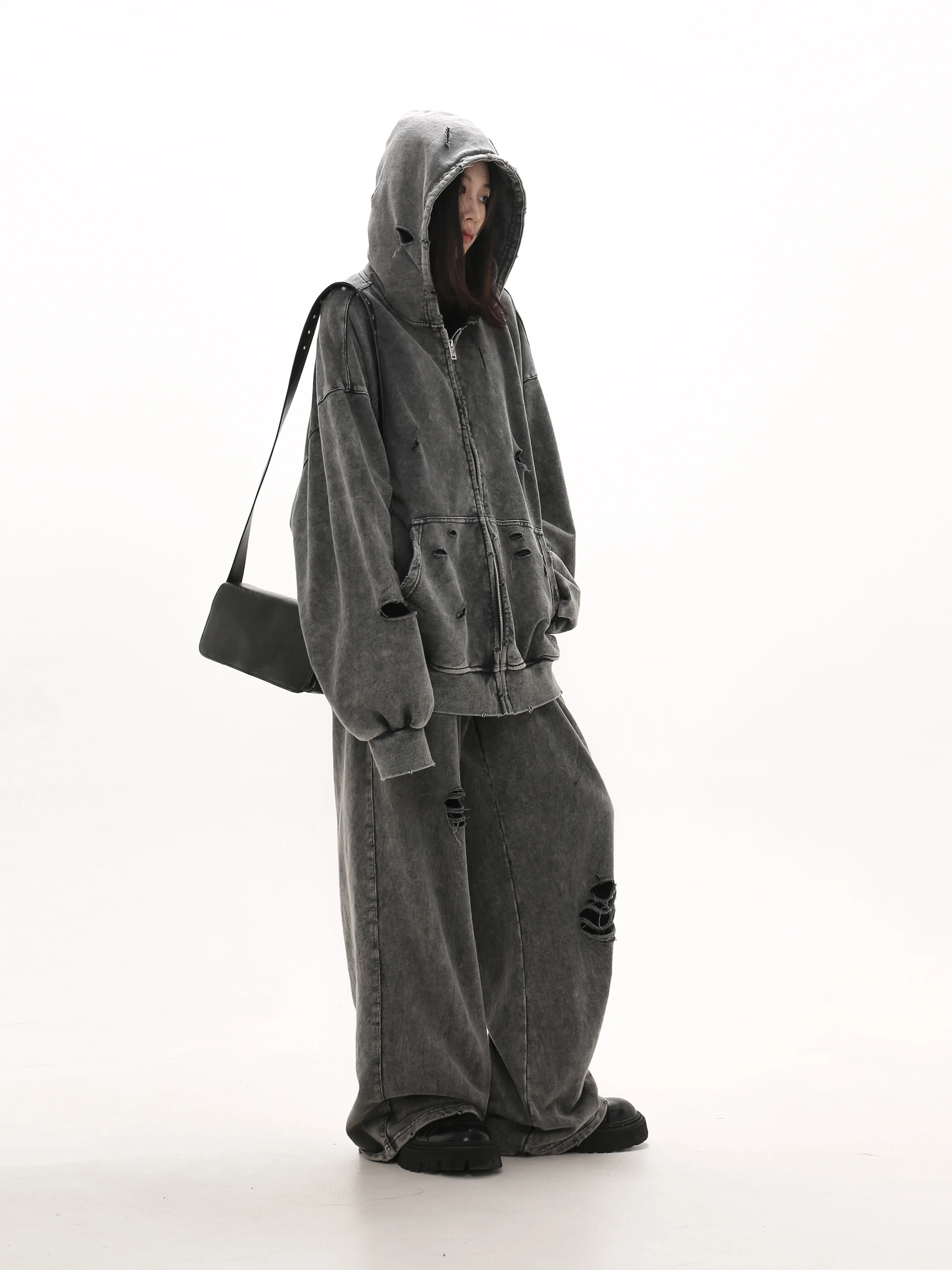 Autumn Winter Ripped Hole Punk Vintage Zip Up Hoodies Man Woman High Street Washed Distressed Sweatshirt Sudaderas