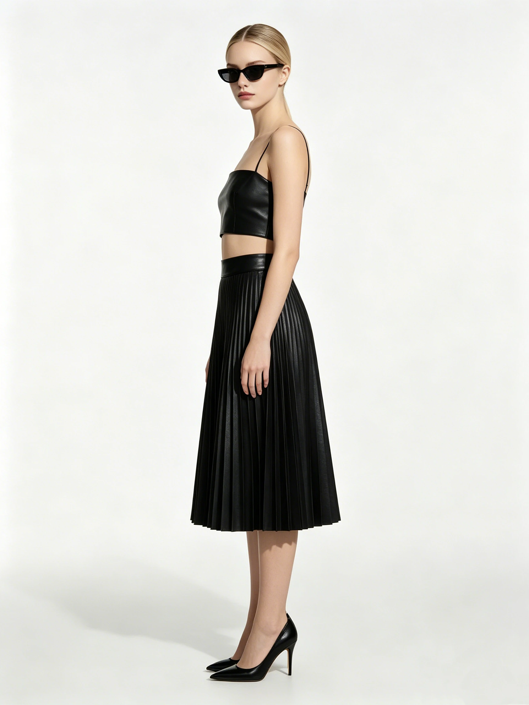 Women's Faux Leather 2-Piece Set with Square Neck Crop Top and High-Waisted Pleated Midi Skirt