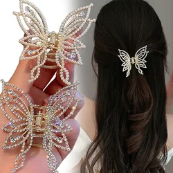 1/2Pcs Butterfly Crystal Hair Clip Women Shiny Rhinestone Vintage Pearl Shark Hairpins Metal Openwork Ponytail Holder Hair Claw