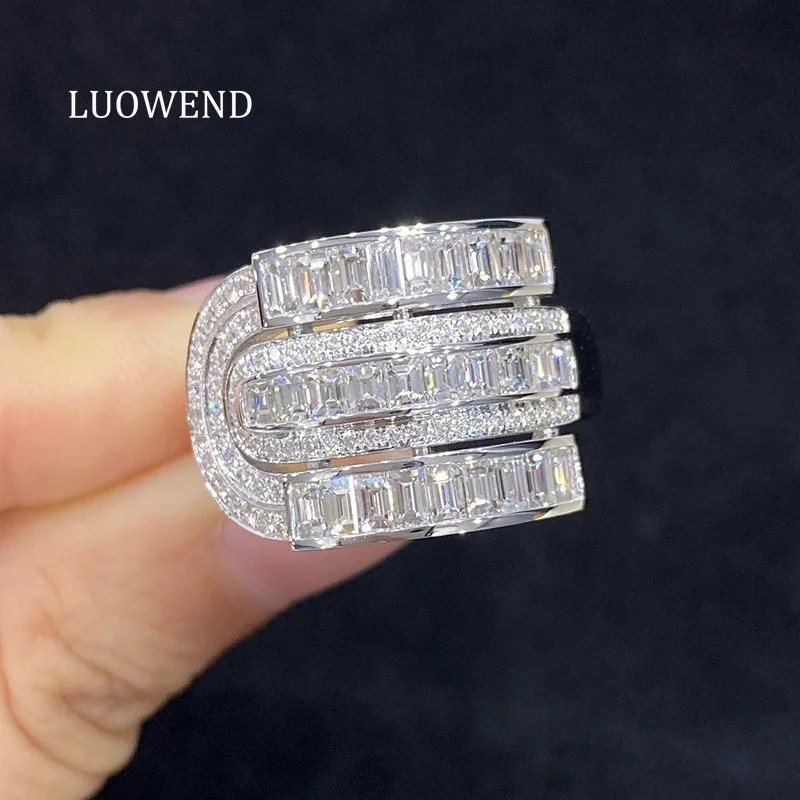 LUOWEND 100% 18K White Gold Rings Luxury Palace Style Real Natural Diamond Engagement Ring for Women Wedding High Party Jewelry
