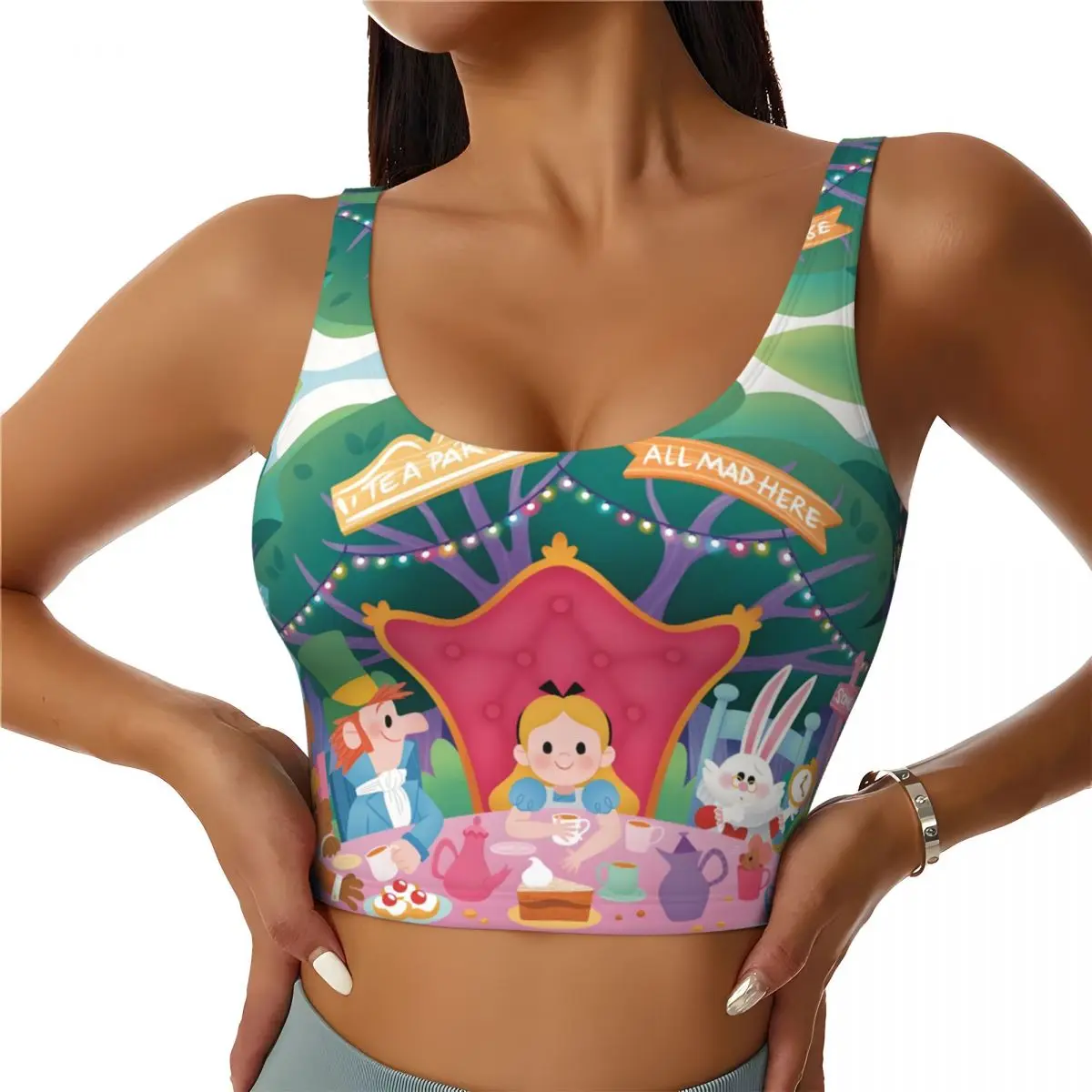 

Custom Women's Alice In Wonderland Cute Pattern Sports Bras Anime High Impact Gym Workout Running Crop Tank Tops