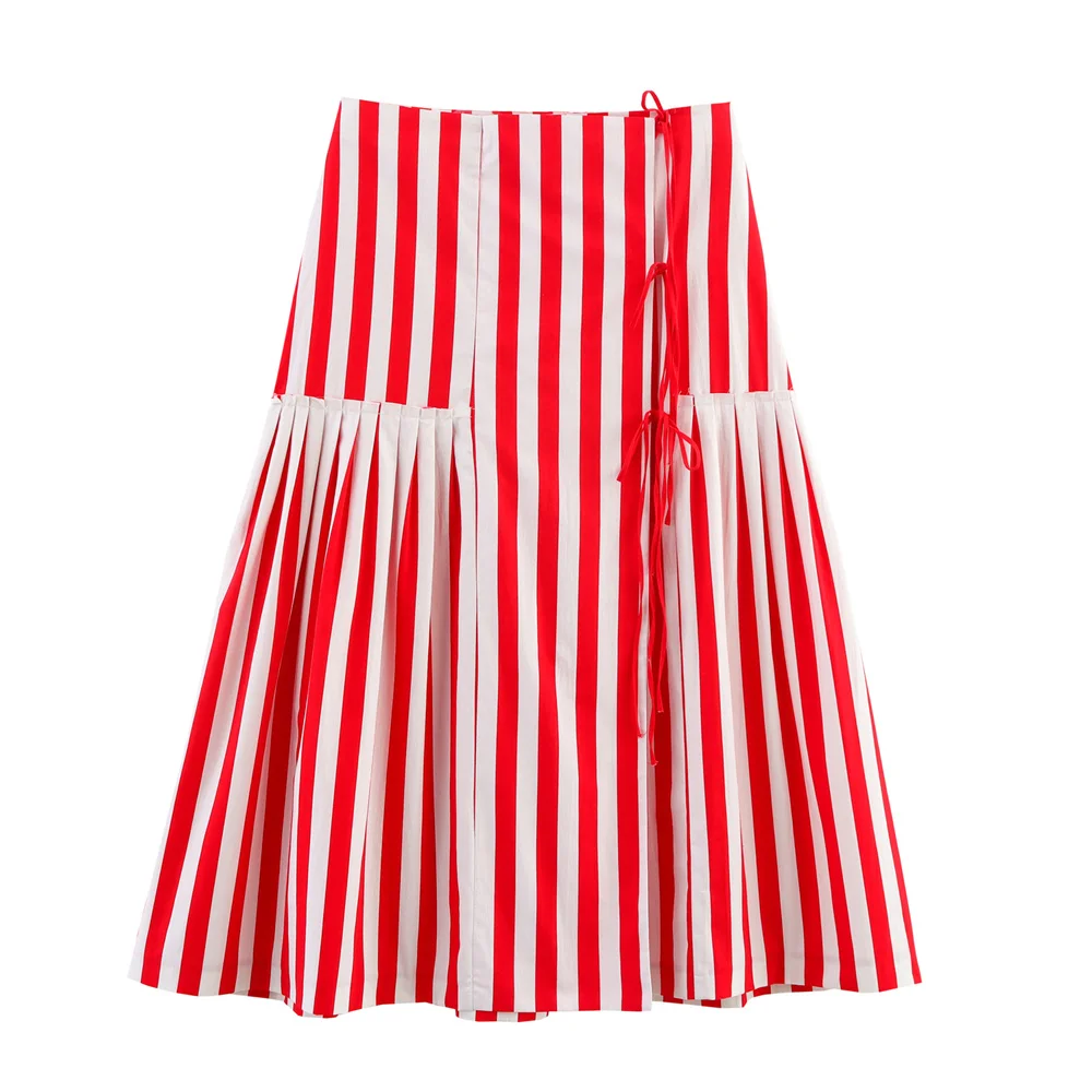 

women's simple pleated decoration bow striped skirt summer new fashionable versatile mid waist MIDI skirt