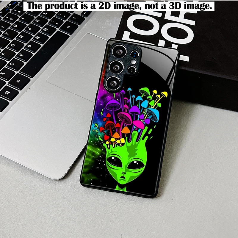 2D Printed Black Glass Phone Case, Alien Colorful Mushroom Starry Sky, Shockproof Cover for Samsung S & A Series