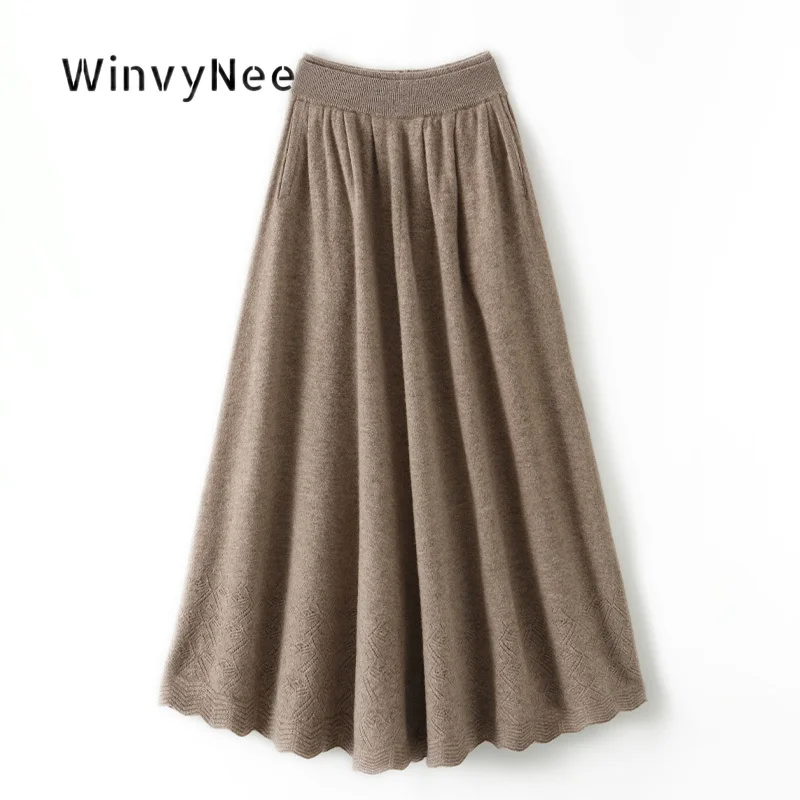 WinvyNee Womens Pleated Knit Midi Skirts Warm 100% Wool Side Pocket Lace Hem Draped Soft Autumn Winter Bottom Apparel E1853014