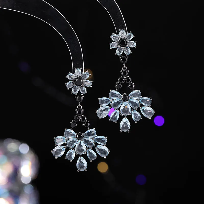 

Zirconia inlaid earrings, retro light luxury fan-shaped 925 silver needle wedding accessories, bride's earrings