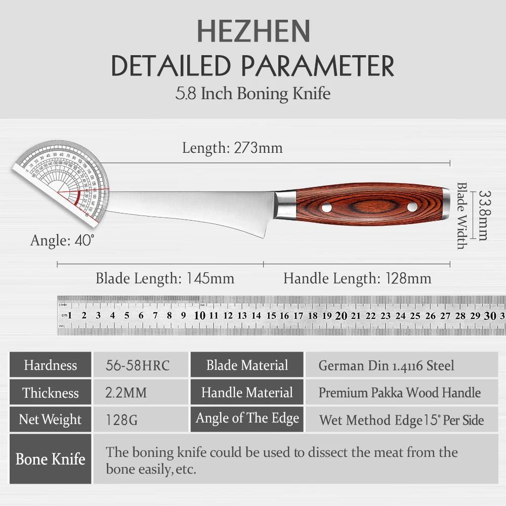 HEZHEN 5.8 Inches Boning Knives Super Sharp Pakka Wood Handle & Stainless Steel Rivet German DIN1.4116 Steel Cook Kitchen Tool