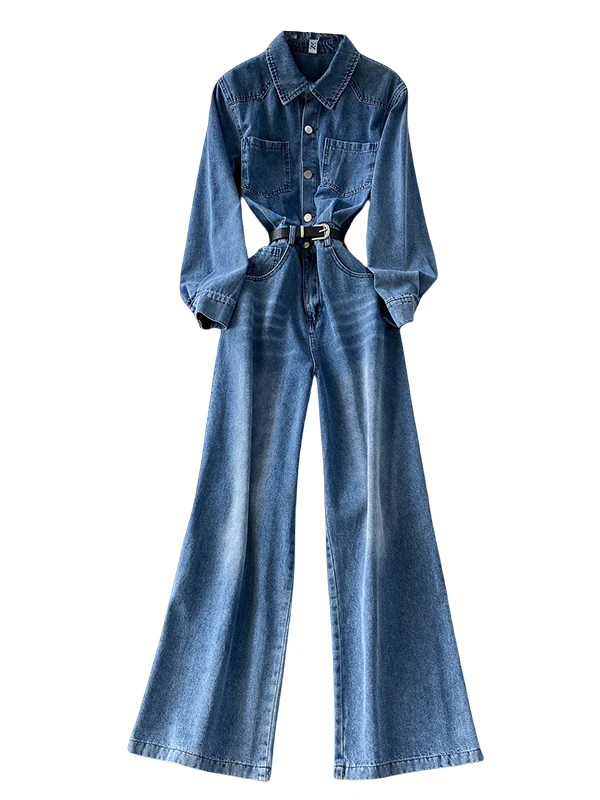 Waed Denim irt Dr Pants Women's Spring Autumn Single Button Slimming Wide Leg Long Pants High Waist Commute Sle