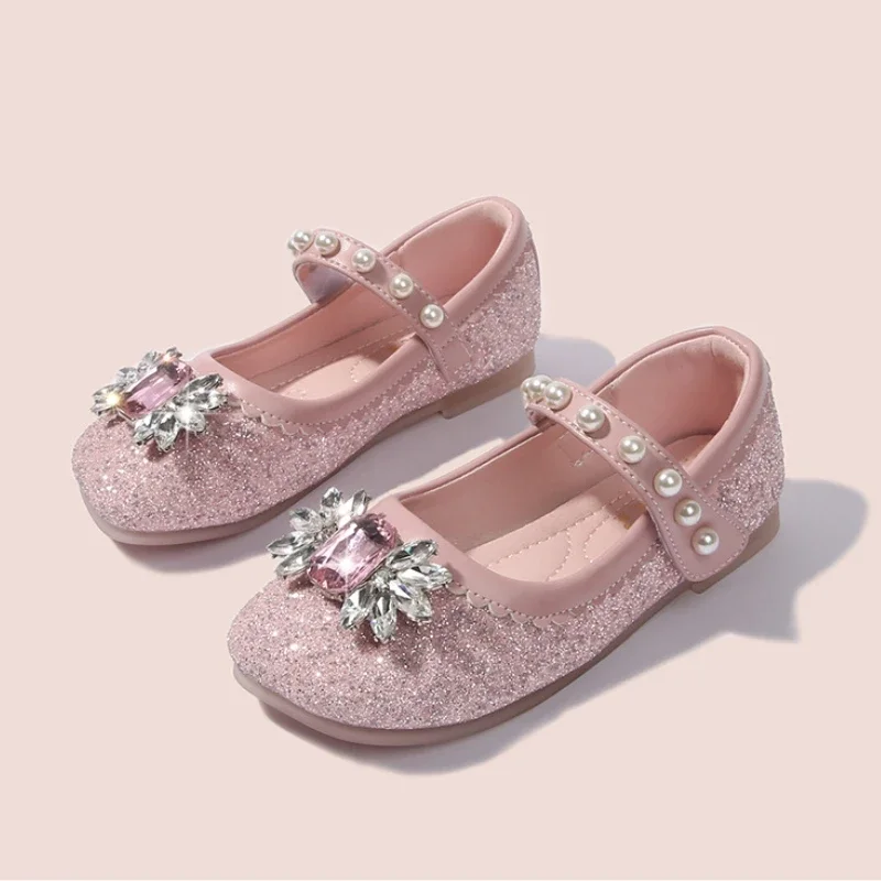 Children\'s Flats Wedding Shoes Sweet Rhinestone Kids Princess Dress Leather Shoes Fashion Sequins Pearl Girls Mary Jane Shoes