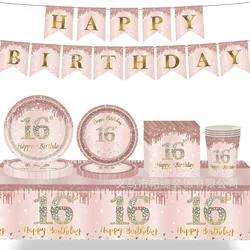 16th Birthday Decorations for Girls Rose Gold Sweet 16 Birthday Party for Her 16th Happy Birthday Plates Napkins Tablecloth Deco
