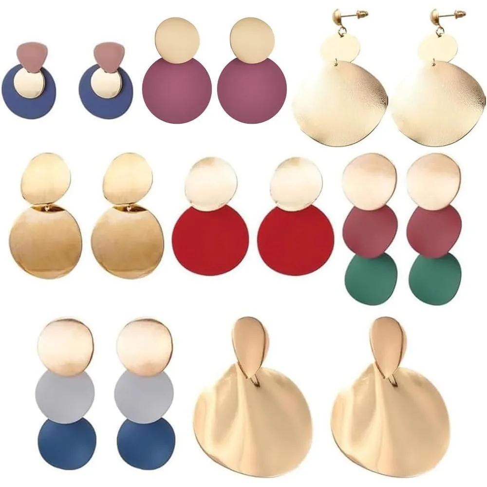 

8 Pairs Big Gold Geometric Drop Earrings - Round Dangle Statement Earrings for Women