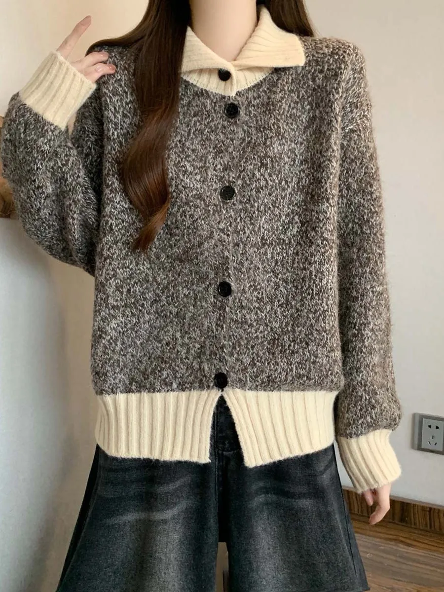 

High-End Color Blo Long Sve Knitwear Top Loose Fit Turn-down Collar Autumn Winter plus Size Women's Faionable Casual Wear