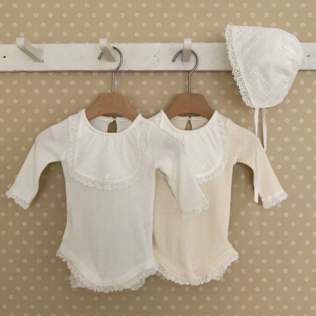 2026 Autumn New Baby Girl Long Sleeve Bodysuit + Hat Infant Toddler Sweet Lace Bib Collar Jumpsuit Cotton Newborn Clothes 0-24M