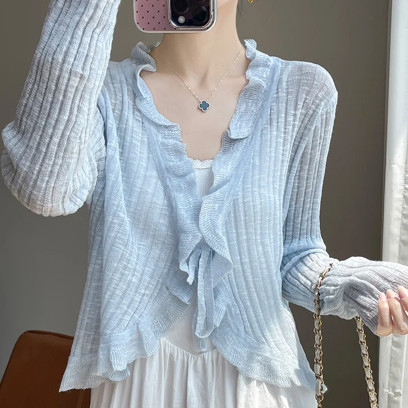 French Fashion Ice Silk Sunscreen Cardigan Women\'s Summer Solid Color Thin Breathable Top T-Shirt