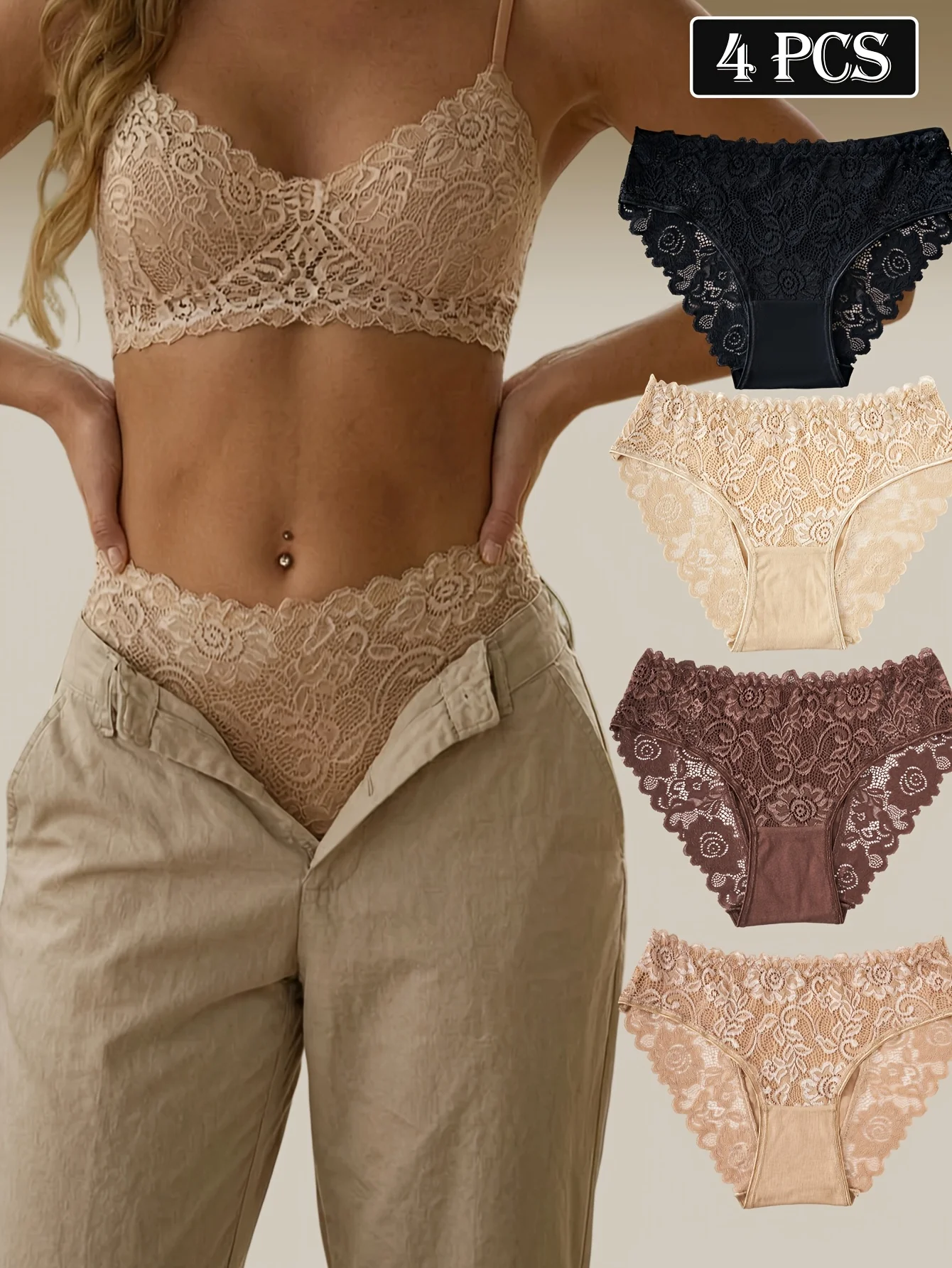 4‑Pack Women's Lace‑Stitched Solid‑Color Elegant Briefs, Comfortable, Skin‑Friendly & Breathable Underwear