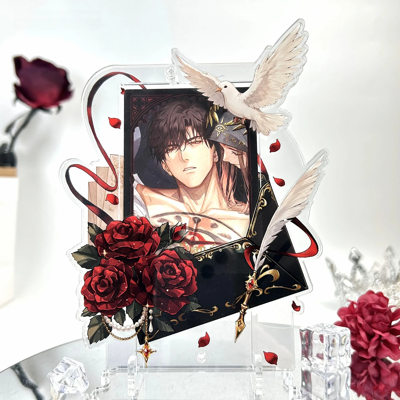Feather Love Letter 3Inch Acrylic Photo Frame, Vintage Rose Dove Card Display Case, for Anime Kpop Merch Shooting Decor Prop