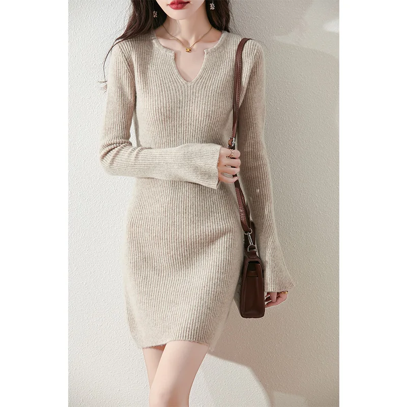 Women Medium Length Style Morning Glory Sleeve Dress Autumn Winter 100% Merino Wool V Neck Slim Solid Knitwear Popular Clothing