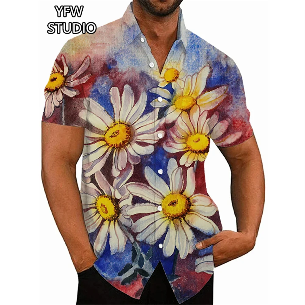 ชายเสื้อดอกไม้รูปแบบเสื้อฮาวายแฟชั่น 3D พิมพ์ Harajuku แขนสั้นปุ่มชายหาดขนาดใหญ่เสื้อบุรุษเสื้อผ้า