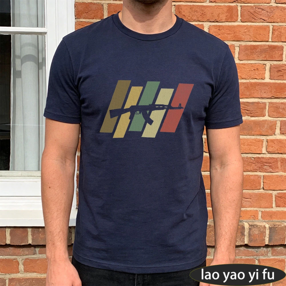 Retro Vintage Rifle Silhouette Diagonal Stripes Multicolor Navy Blue Men Short Sleeve  T-Shirt Pro Second Amendment