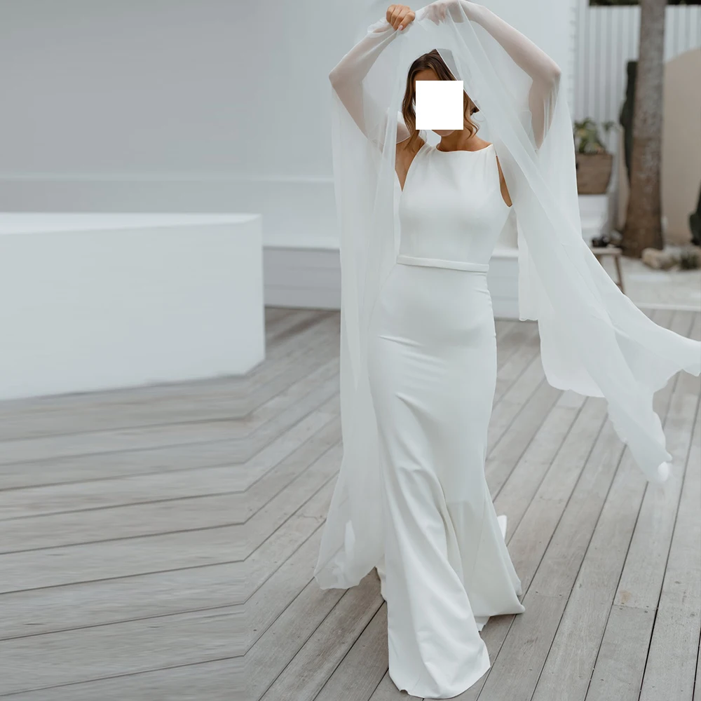 

Classic Solid Color White Jersey Sheath Crew neck Wedding Dresses Simple Floor Length Sleeveless Sweep Train Pleats Bridal Gowns