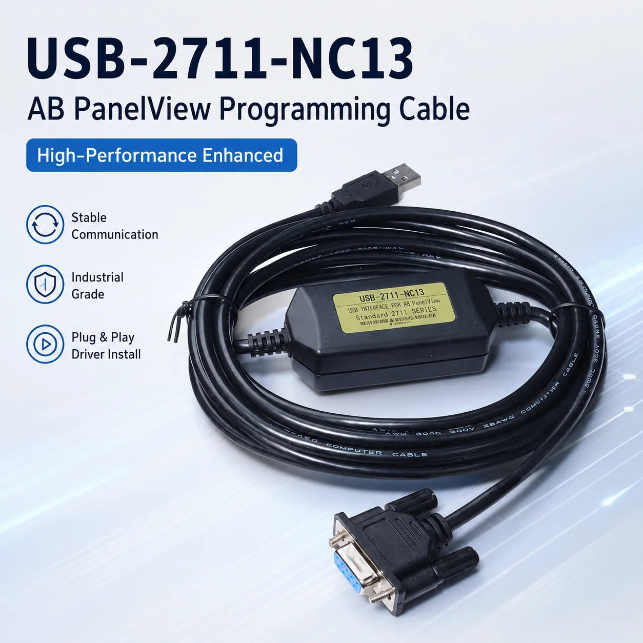 USB-2711-NC13 USB to RS232 DB9 Communication Cable for AB PanelView HMI, Programming Download Cable with 3 LED Indicators