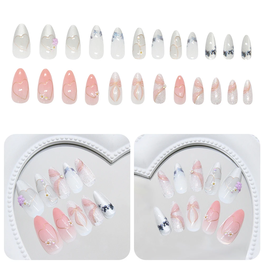 

Removable Nail Art With Glitter Small Flower Design Full Cover Short Acrylic Nails For Wedding Bridal Kit Faux Ongle