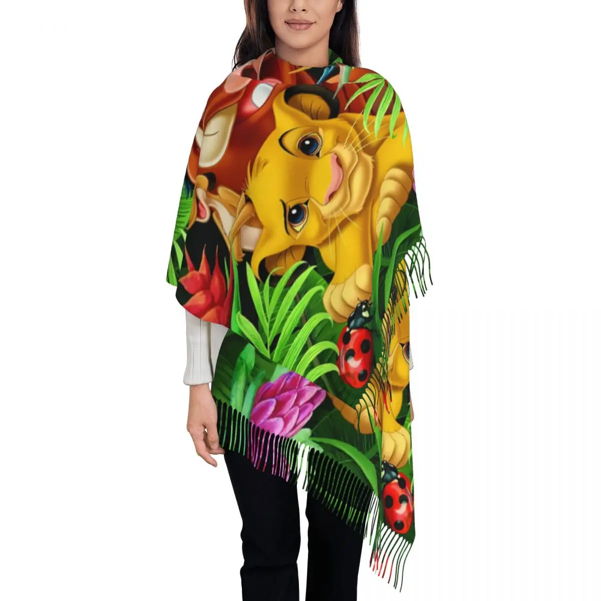 

Custom Cartoon Lion King Simba Tassel Scarf Women Soft Shawls Wraps Ladies Winter Scarves